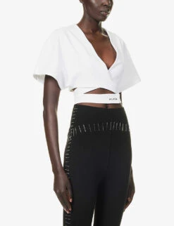 ALAIA Cross-over Brand-typography Cotton T-shirt -Reis Clothing Shop R04196680 BLANC ALT02
