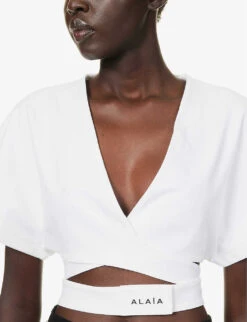 ALAIA Cross-over Brand-typography Cotton T-shirt -Reis Clothing Shop R04196680 BLANC ALT04