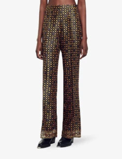 Sandro Shanny Graphic-print Wide-leg Mid-rise Satin Trousers -Reis Clothing Shop R04197483 NOIRGRIS ALT02