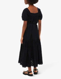 Whistles Broderie Square-neck Puff-sleeve Cotton Midi Dress -Reis Clothing Shop R04200998 BLACK ALT03