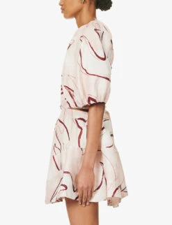 Psychedelia Puff-sleeve Linen-blend Mini Dress -Reis Clothing Shop R04204005 WHIMSICALDOVE ALT02